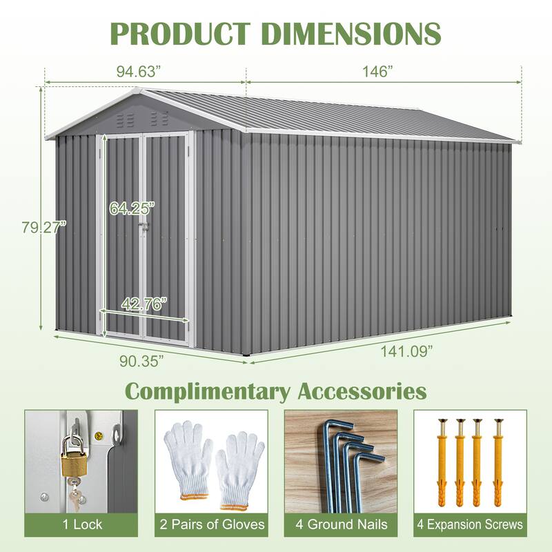 GDFStudio - Large Heavy Duty Metal Tool Storage with Lockable Doors for Easy Access, Storage for Backyard Garden Patio Lawn