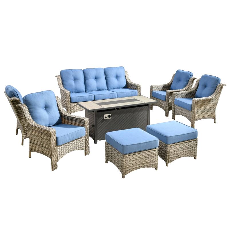 HOOOWOOO 8-piece Wicker Patio Ergonomic Conversation Set with 54" Fire Pit