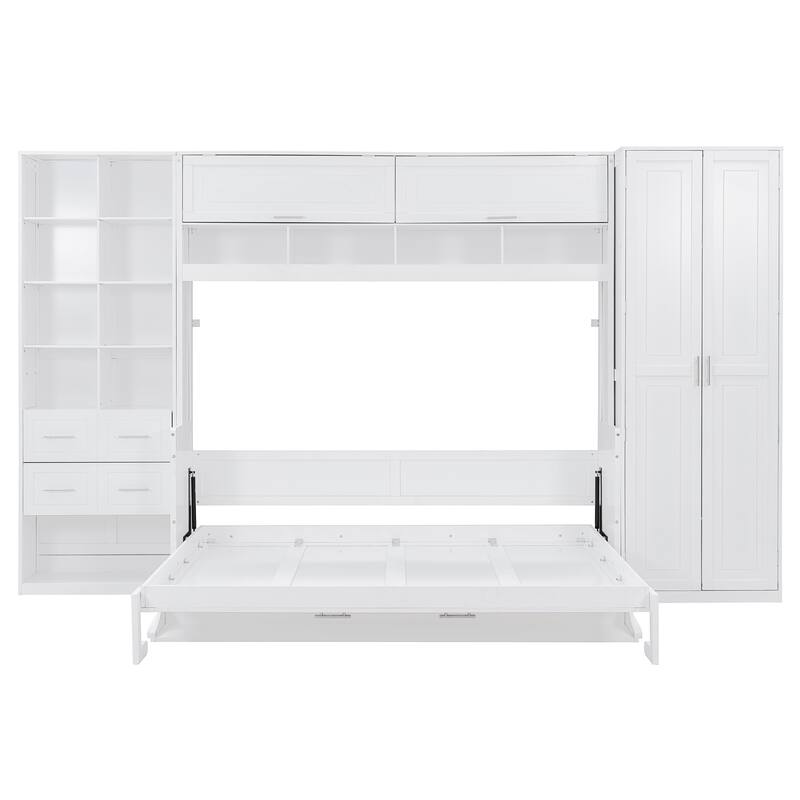 Queen Size Murphy Bed with Side Wardrobe & Flip Design, Foldable Wooden Wall Bed with Storage Drawers & Shelf for Home Office