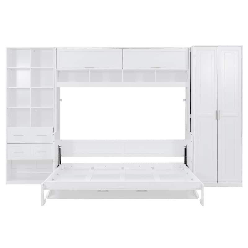 Versatile Queen Size Murphy Bed with Long Desk, Storage Folding Bed Frame with Closet, Cabinets, Drawers and Shelves
