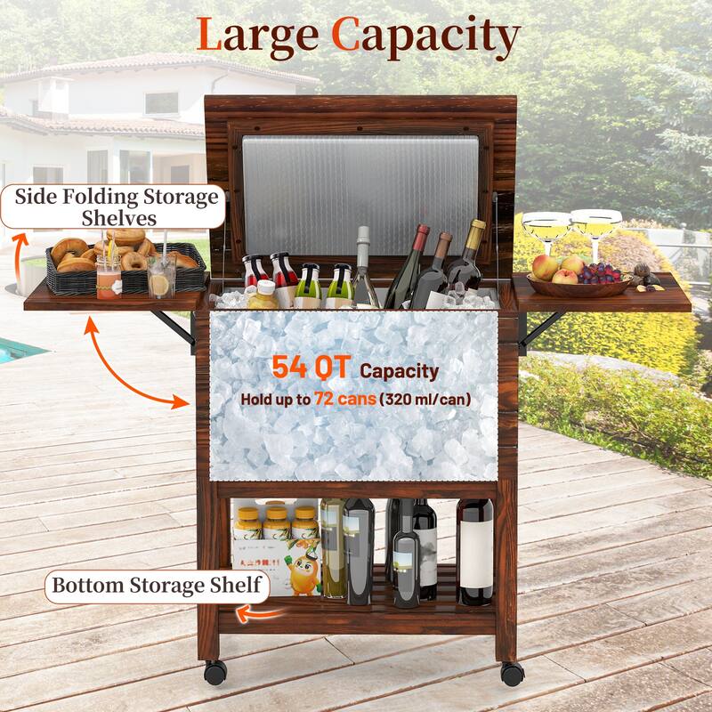 Rustic Brown Pine Wood Patio Cooler 54QT with Wheels and Folding Shelves - 50" L x 16.5" W x 29" H