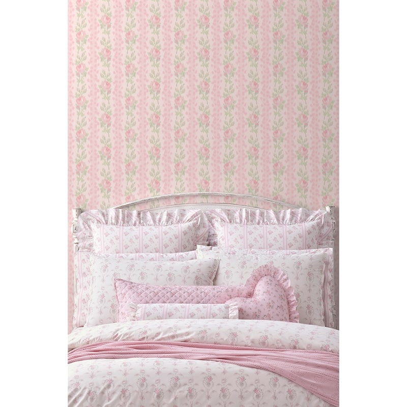 LoveShackFancy A-Street Prints Blooming Heirloom Strawberry Macaron Rose Stripe Wallpaper