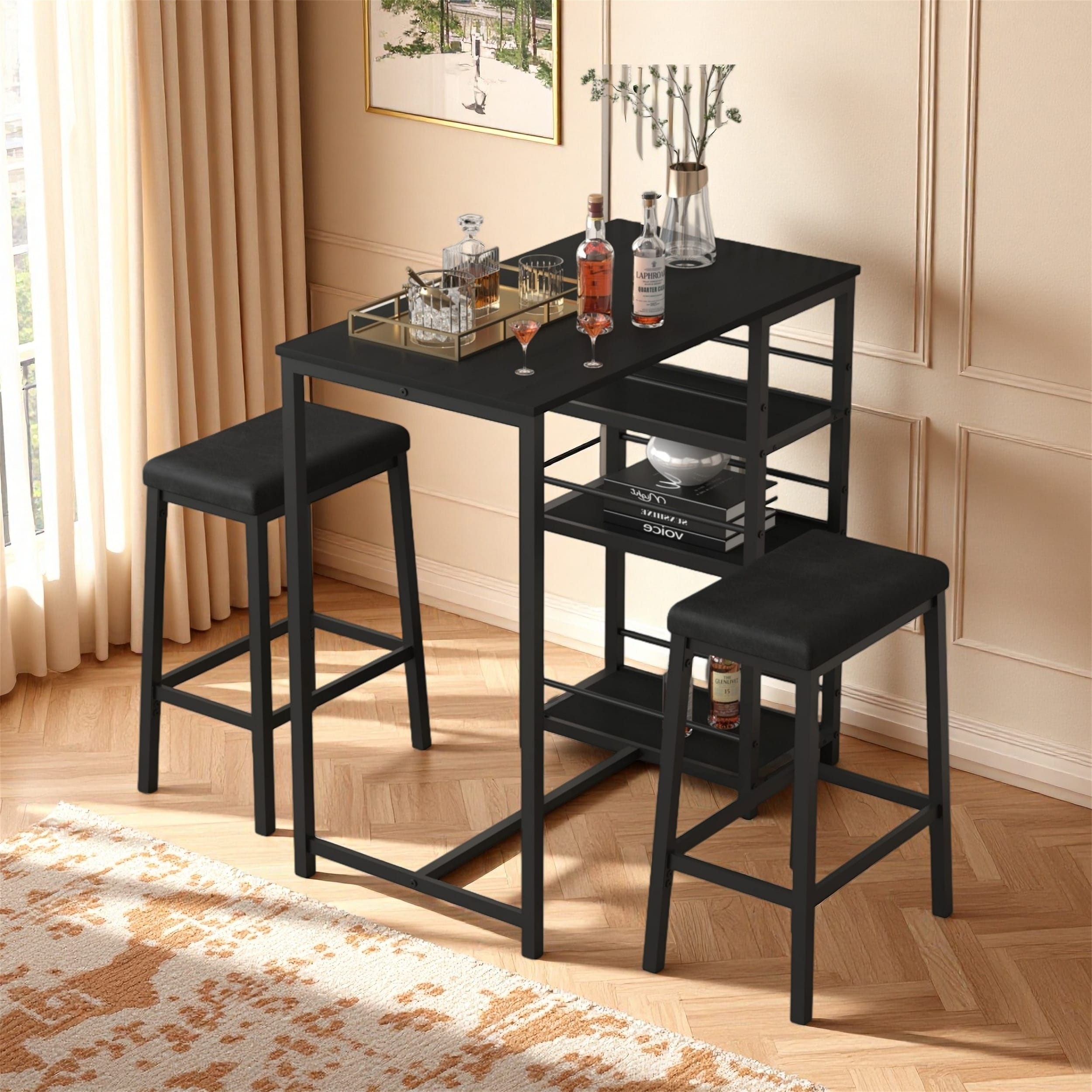 3-Piece Counter Height Dining Set with Storage Shelves, Two Stools