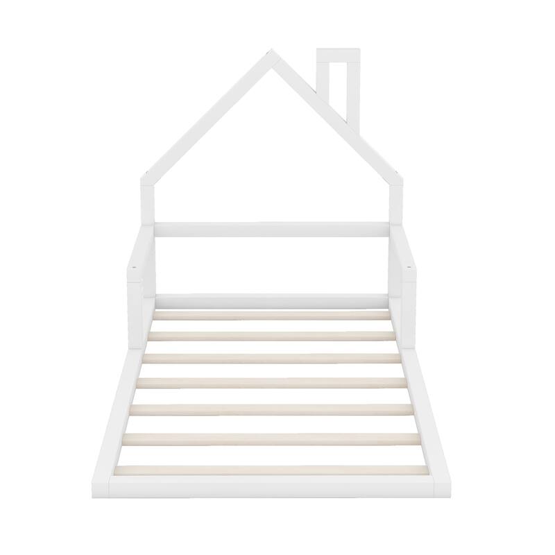 Twin Size Floor Bed with House-shaped Headboard in White