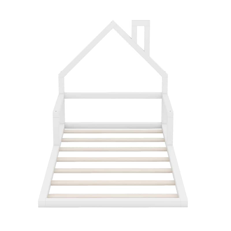 White Twin Pine Floor Bed with House Headboard