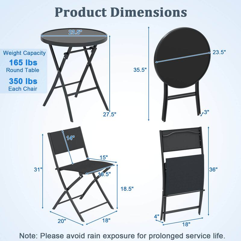 Costway 3 PCS Folding Patio Bistro Set with Tempered Glass Coffee - See Details