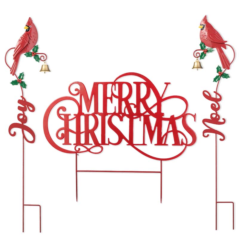 Glitzhome Metal MERRY CHRISTMAS or Cardinal JOY& NOEL with Bell Yard Stake Wall Decor - Set of 2