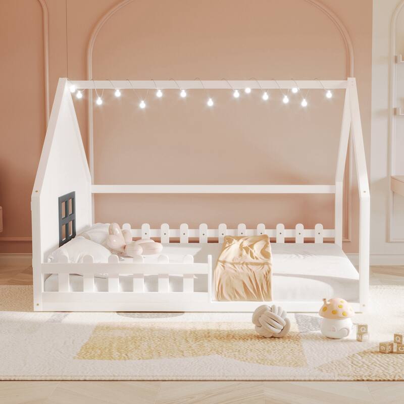 Full Size Wood House Bed with Window and Fence