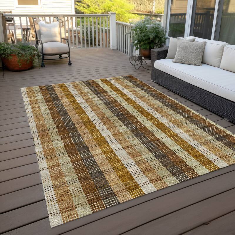 Machine Washable Indoor/ Outdoor Modern Plaid Chantille Rug - Wheat - 9' x 12'