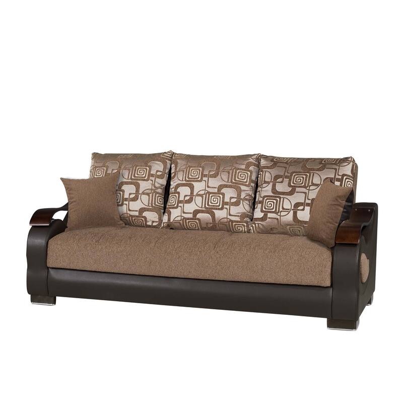 HomeRoots 87" Brown Chenille Convertible Futon Sleeper Sofa And Toss Pillows With Storage
