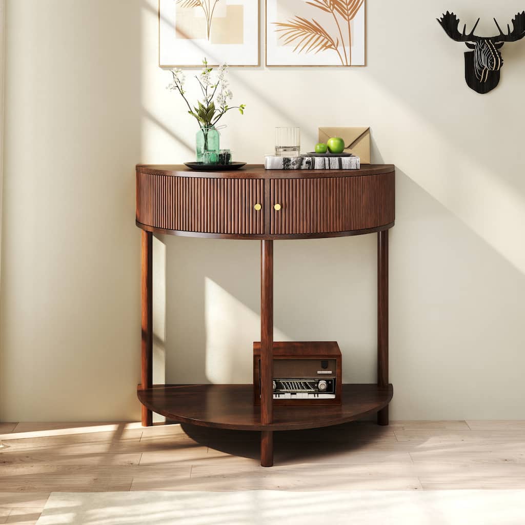 Console Table Unique Half Moon End Table with Open Shelf, Brown Entryway Table Hallway Table Side Table