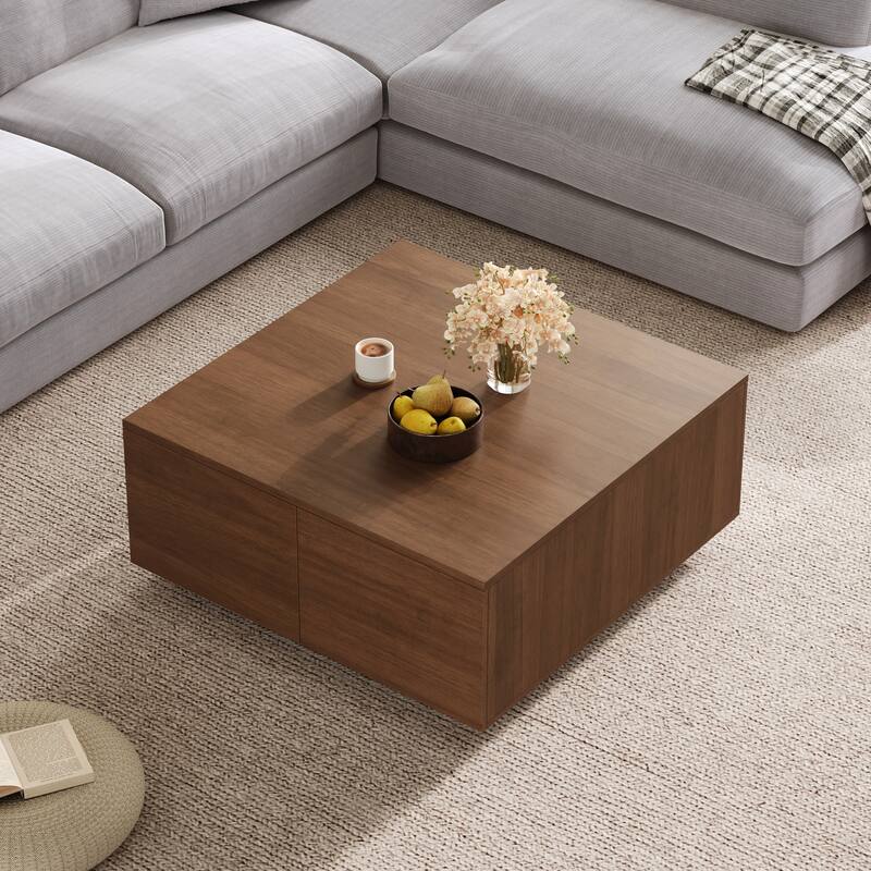 Roomfitters Square Coffee Table, Modern Wood Center Table with 4 Storage Compartments for Living Room - Walnut