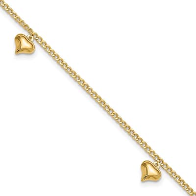 Curata 14k Yellow Gold 9+1" Polished Dangling Puffed Heart Station Curb Chain Anklet (Lobster-claw)