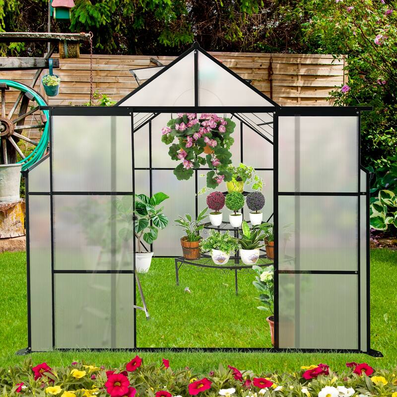 8x8 FT Double Door Polycarbonate Greenhouse Raised Base and Anchor Aluminum Heavy Duty Walk-in Greenhouses for Outdoor Backyard