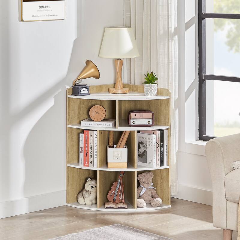 VECELO Corner Cabinet with Charging Station or No Charging Station 3-Tier Bookcase Storage Organizer Triangle Corner Bookcases - NO Charging Station - Marble White