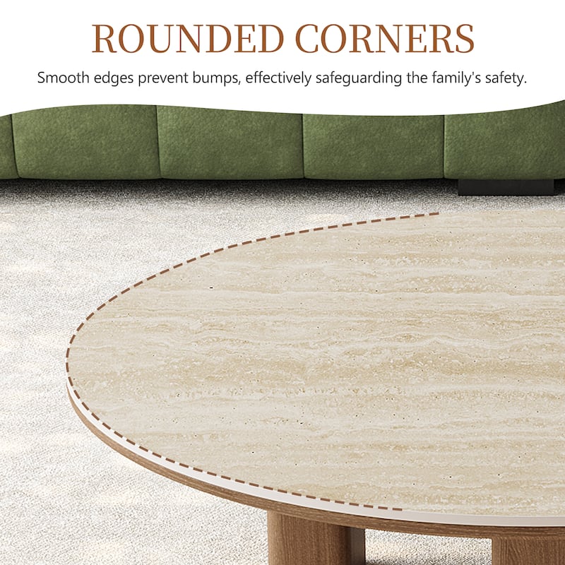 35.4'' Mid-Century Modern Round Coffee Table with Stone Countertop, Stain-Resistant Center Table for Living Room