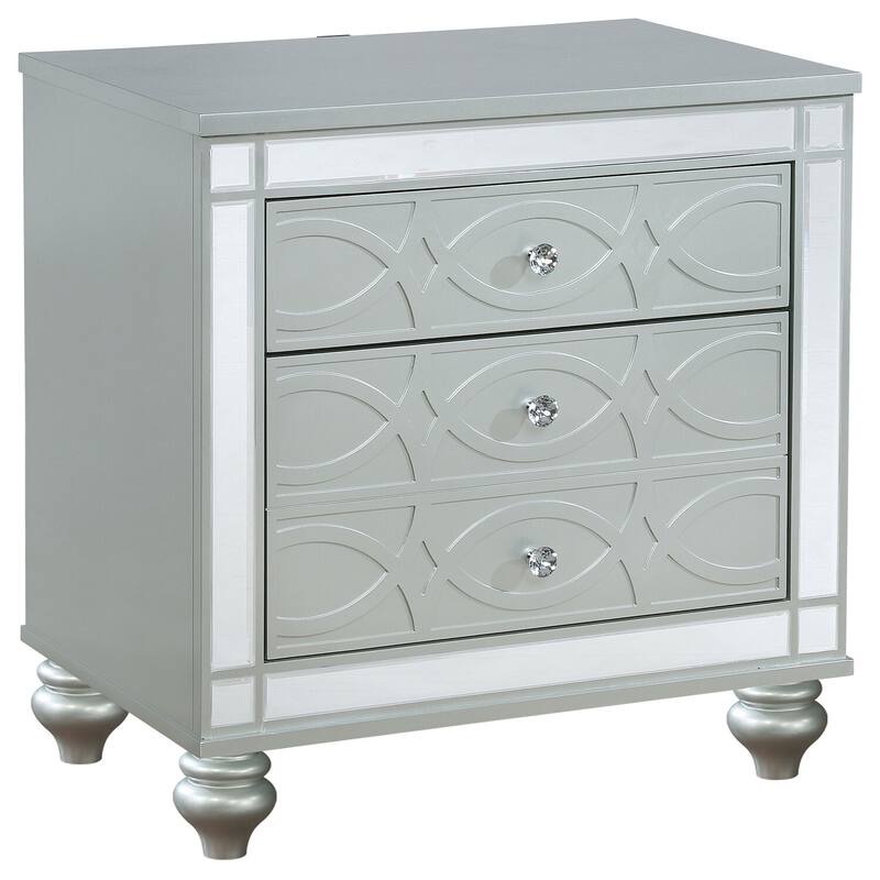 Silver Metallic 2-Drawer Nightstand with Crystal Pulls, Fretwork Details, Felt Lined Drawer and USB Ports