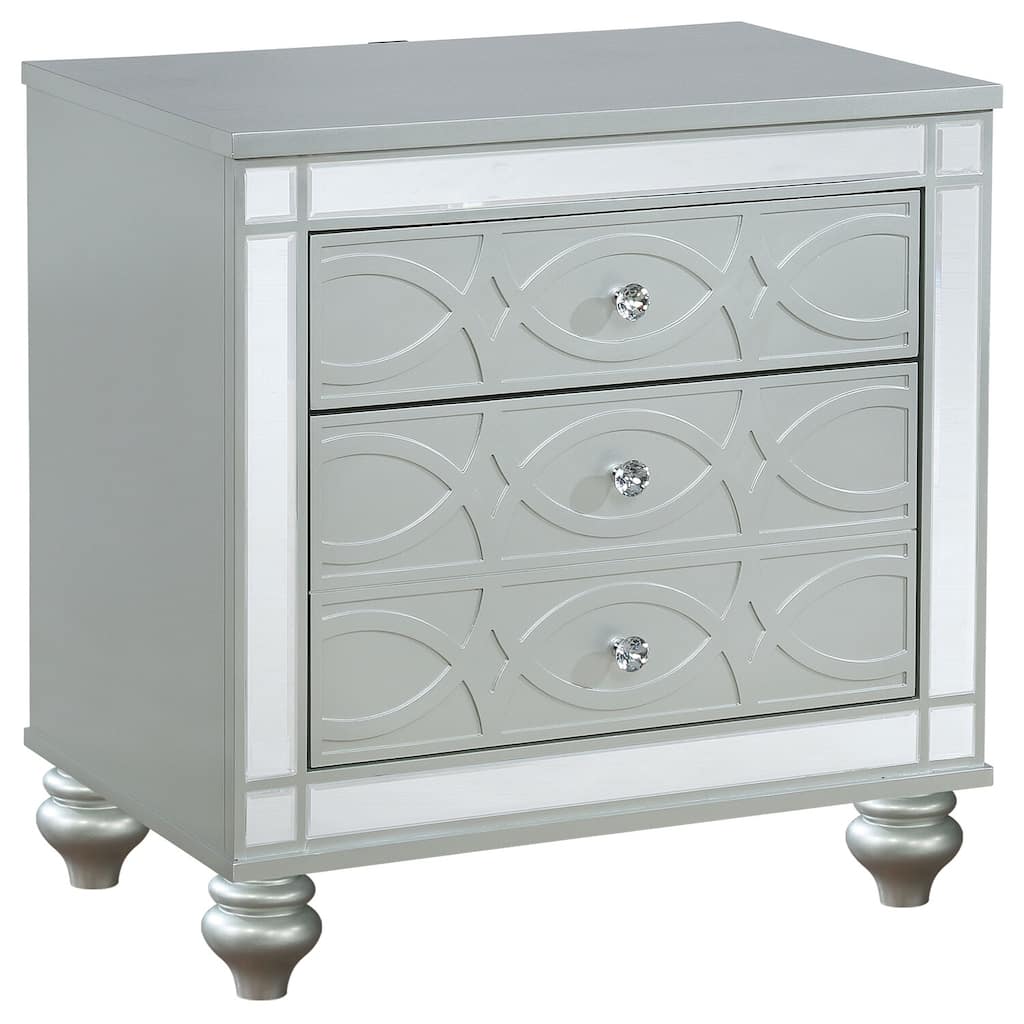 Silver Metallic 2-Drawer Nightstand with Crystal Pulls, Fretwork Details, Felt Lined Drawer and USB Ports