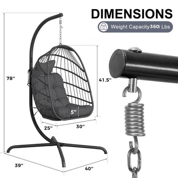 dimension image slide 0 of 5, Oversized 1-Person Foldable Hanging Egg Chair - Wicker Swing Chair with Stand, Portable for Indoor Outdoor Patio