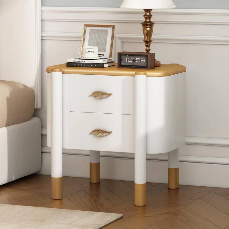 Contemporary Curved 2-Drawer Nightstand with Metal Feather Handles and Exposed Legs - White