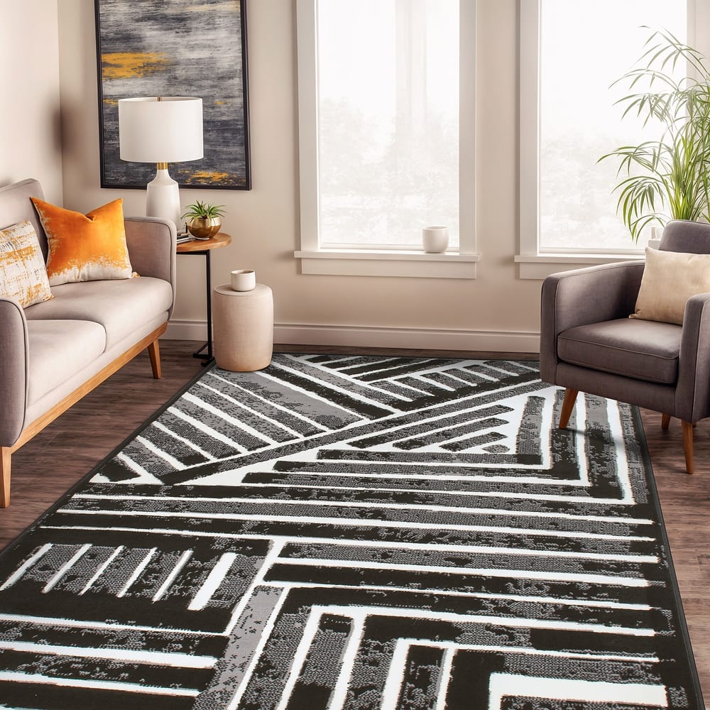 World Rug Gallery Contemporary Stripe Design Black / Gray / Ivory Area Rug
