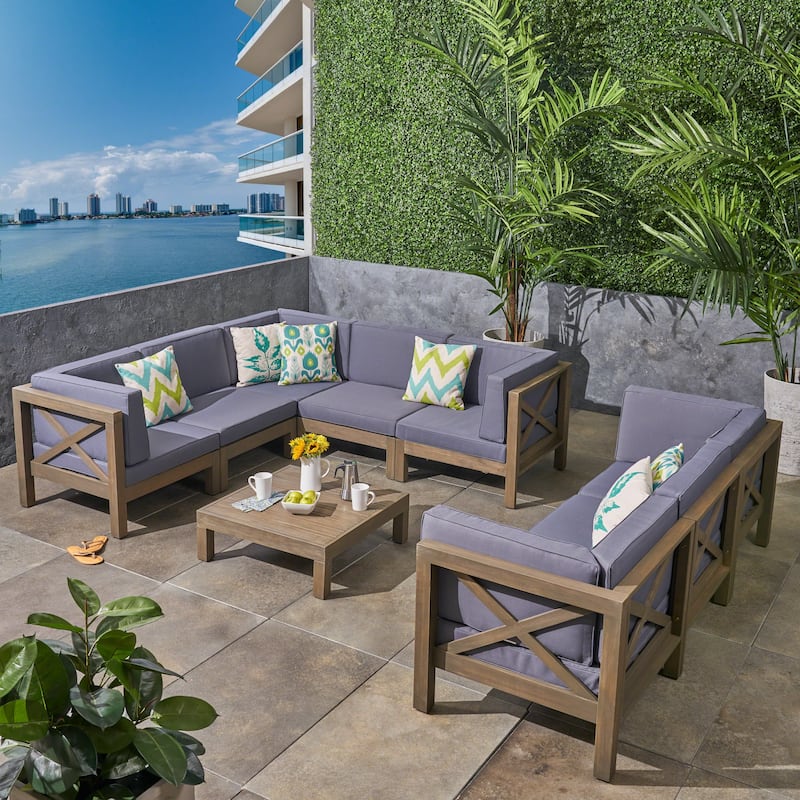 Brava 9-piece Acacia Wood Sectional Sofa Set by Christopher Knight Home - gray finish + dark gray cushion