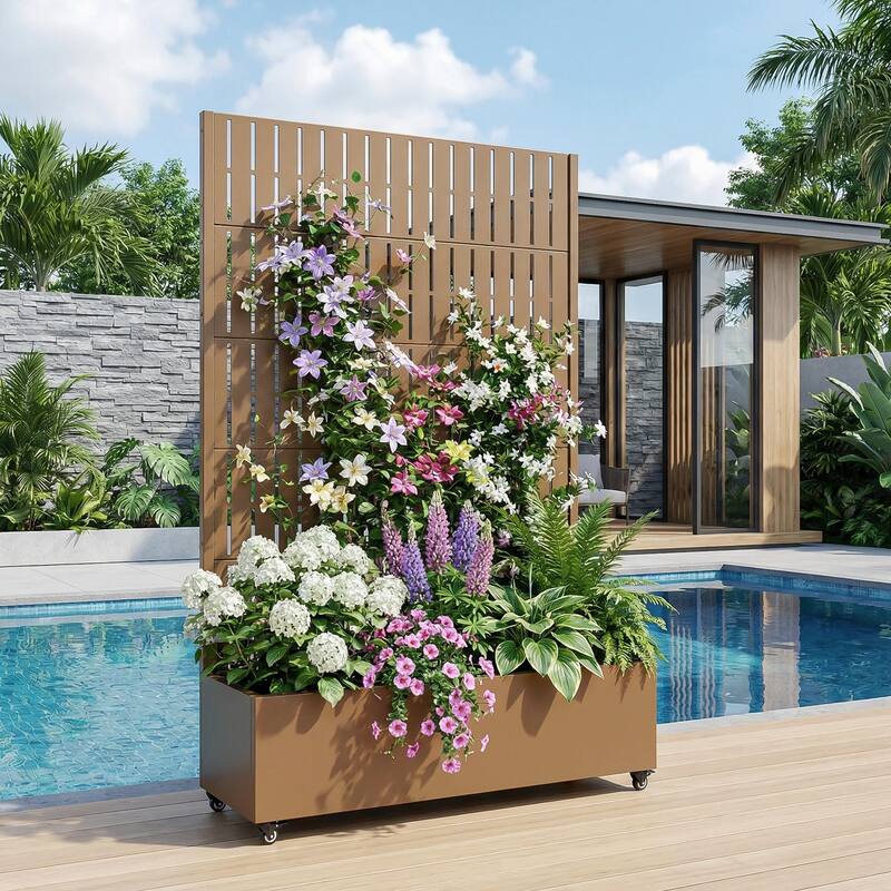 Raised Garden Bed Planter with Trellis Movable Planter Box with Lockable Wheels