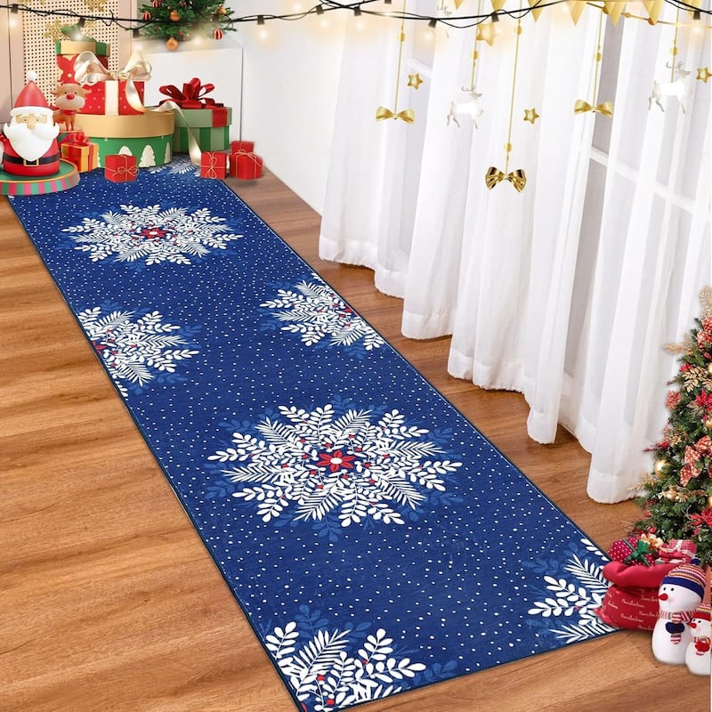 Christmas Snowflake Washable Area Rug, Floor Carpet for Holiday Decor, Blue - 2*6ft