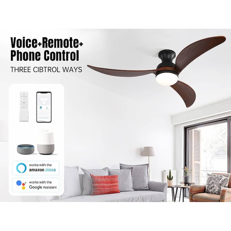 42“/52"/60"/48" Noiseless Walnut Wood Ceiling Fan with Remote Control, Integrated Light Optional - 52'' Smart Ceiling Fan with Light