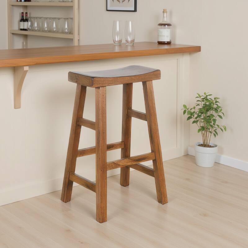 Marv Barstool Set of 2, Saddle Seat, Rustic Oak Mahogany Wood, 30 Inch