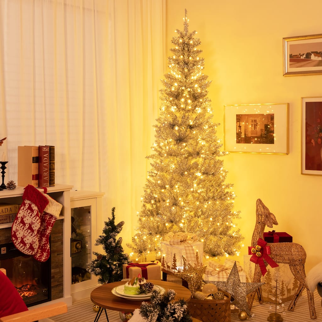 Gymax 7 FT Pre-lit Artificial Silver Tinsel Christmas Tree Slim Pencil