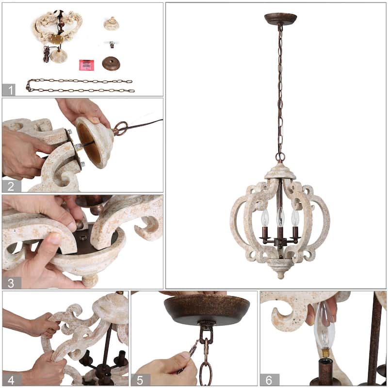 Modern Farmhouse 3-Light Distressed Off-White Wood Orb Chandelier for Dining Room - D15.5"x H 19"