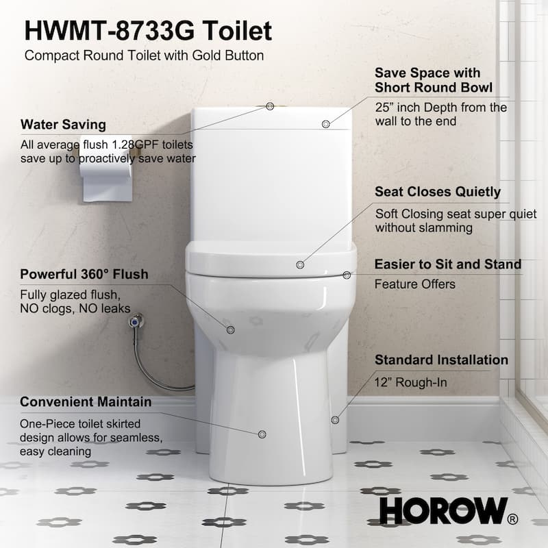 HOROW 1-Piece 0.8/1.28 GPF High Efficiency Dual Flush Toilet in White with Soft-Close Seat and Brushed Gold Push Button