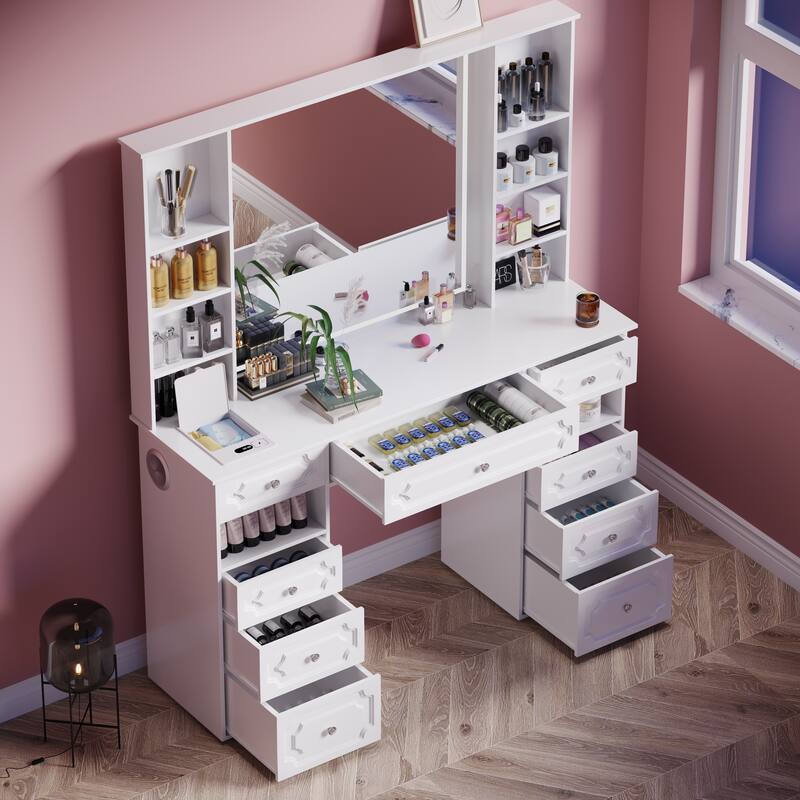 White/ Black Makeup Vanity with Lighted Mirror,Extra Large Vanity Desk with 9 Drawers,European Style Vanities