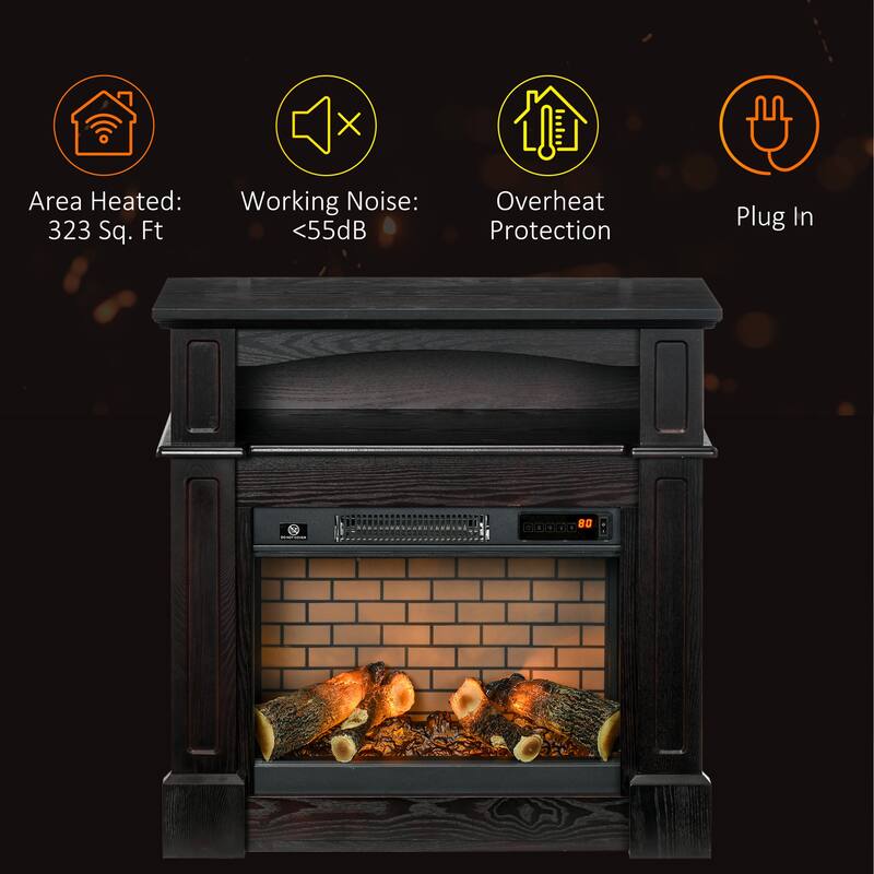 32" Electric Fireplace with Mantel, Realistic LED Log Flame, 700W/1400W Heat, Shelf Display, and Remote Control