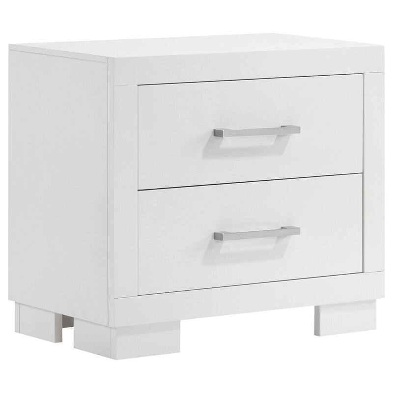 Sleek White 2-Drawer Wooden Nightstand with Silver Handles and Ample Storage for Modern Bedrooms