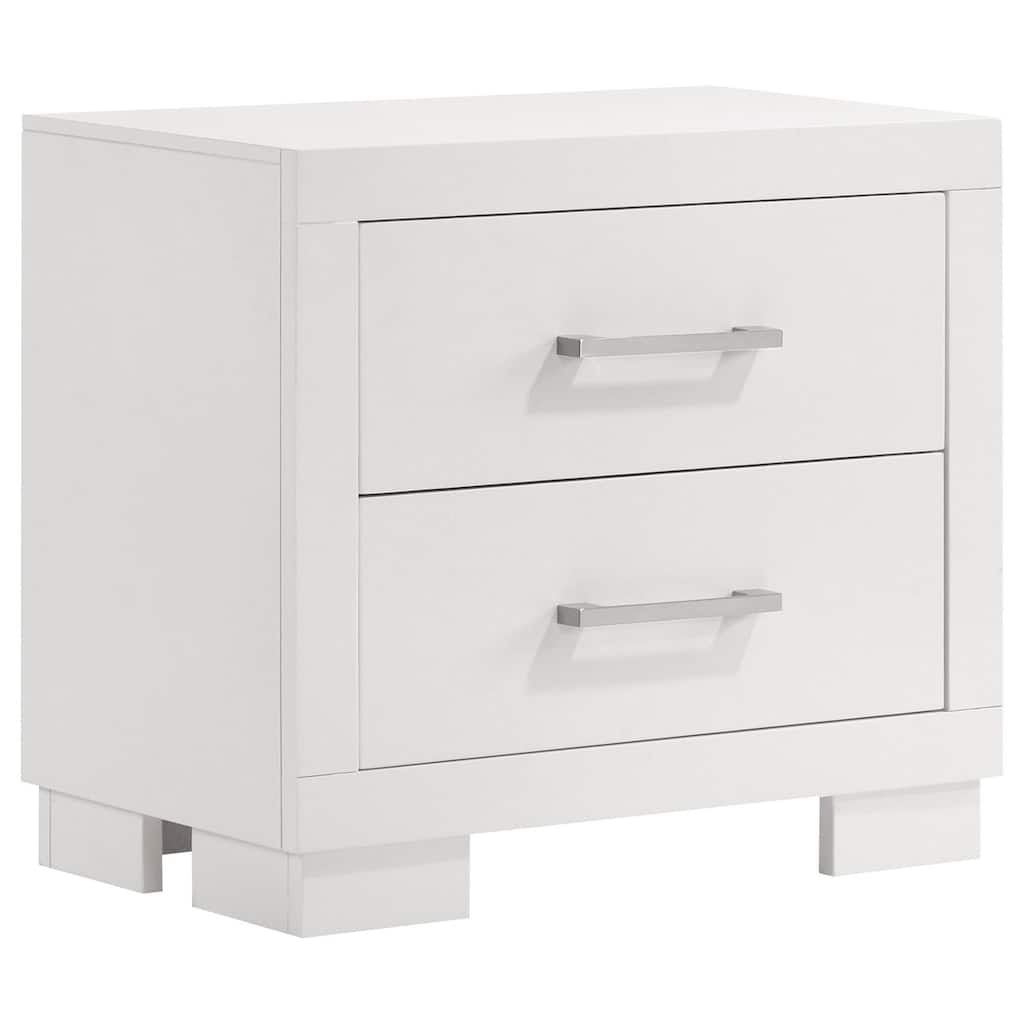 Sleek White 2-Drawer Wooden Nightstand with Silver Handles and Ample Storage for Modern Bedrooms