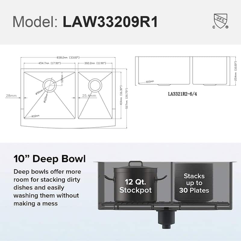 33-in 16 Gauge Stainless Steel Double Bowl Farmhouse Kitchen Sink