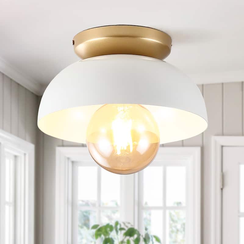 Rodanthe 8.5" 1-Light Classic Industrial Iron LED Flush Mount, by JONATHAN Y - White/Gold Painting