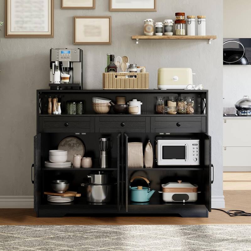 51" Modern Farmhouse Sideboard Buffet Cabinet with Storage, Wood Buffet Storage Cabinet with Charging Station