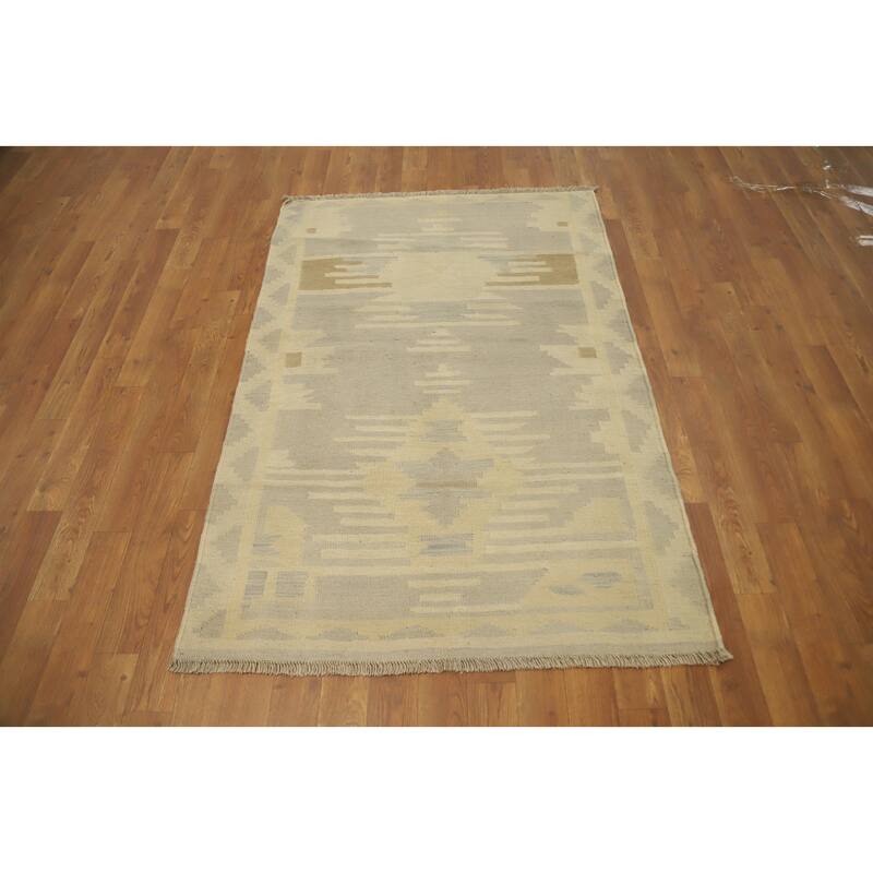 Hand Woven Oriental 100% Wool Carpet Southwestern Tribal Greys & Charcoal Kilim Area Rug - 4' 9'' X 3' 2''