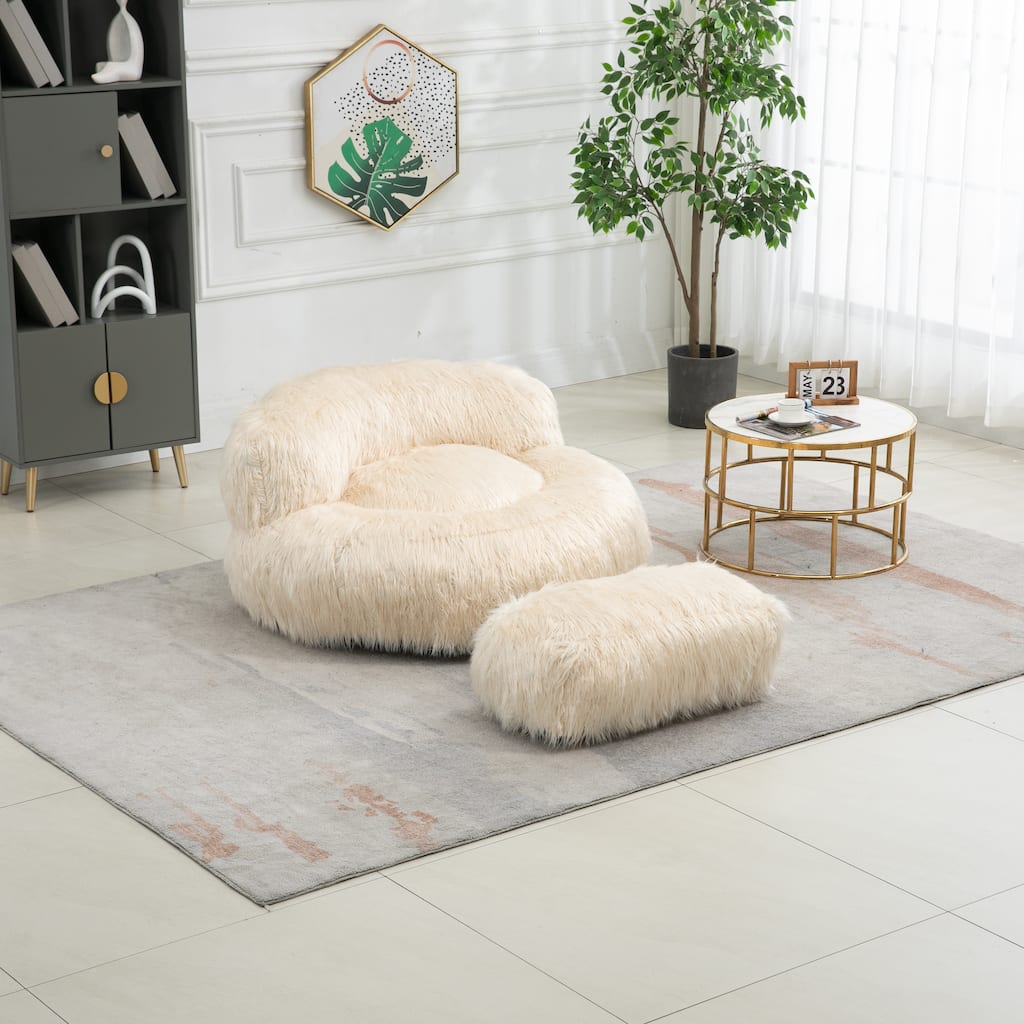Fluffy Bean Bag Chair with Ottoman, Comfy Bean Bag Lounger for Adults and Kids, Ultra Soft Lazy Sofa Chair with Memory Foam