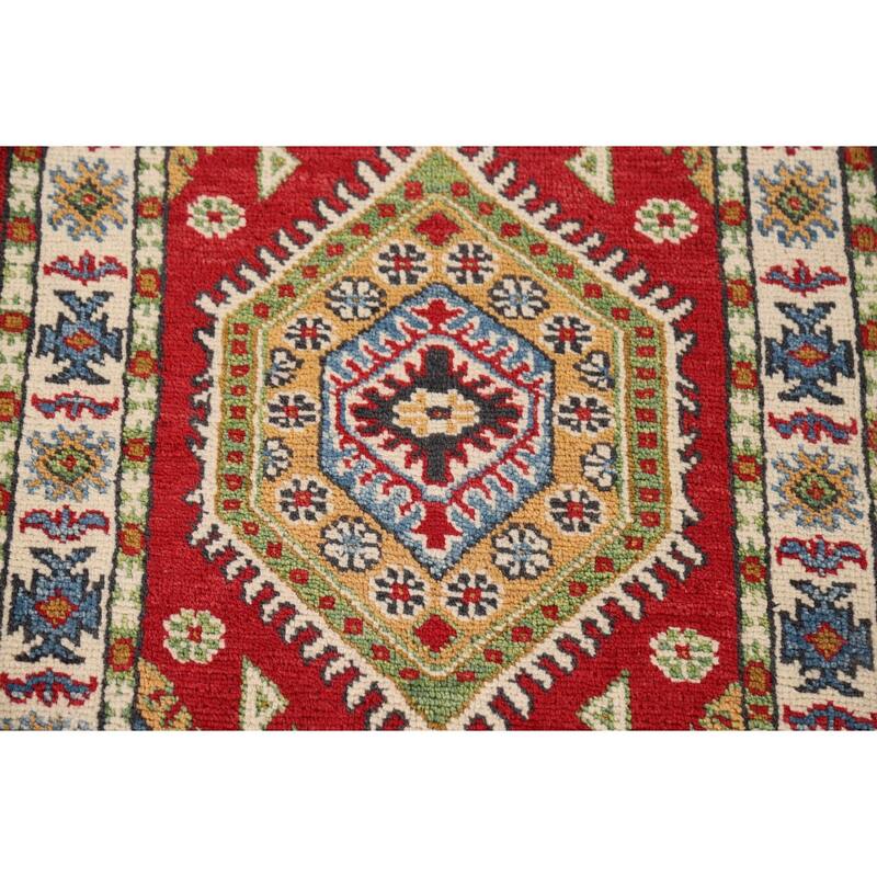 Red Kazak Foyer Rug Hand-Knotted Geometric Wool Carpet - 2'0" x 3'2"