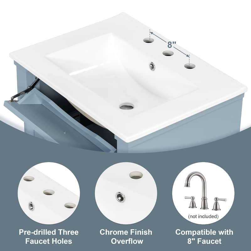 24" Freestanding Bathroom Vanity with Ceramic Sink, Solid Rubberwood Frame, Flip Drawer & Adjustable Shelf