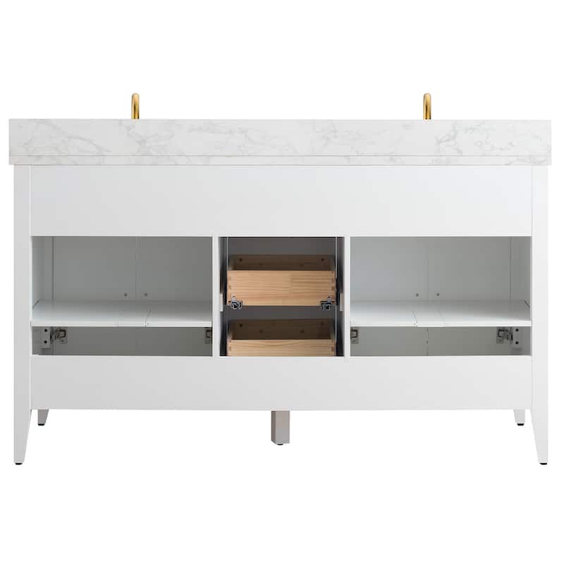 Vanity Art 60" Double Sink Bathroom Vanity Cabinet with Engineered Marble Top