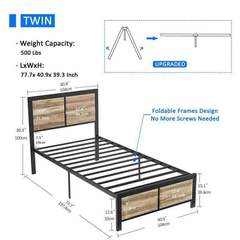 VECELO Platform Bed Frame with Wooden Headboard, Heavy Duty Steel Slats Support, No Box Spring Needed