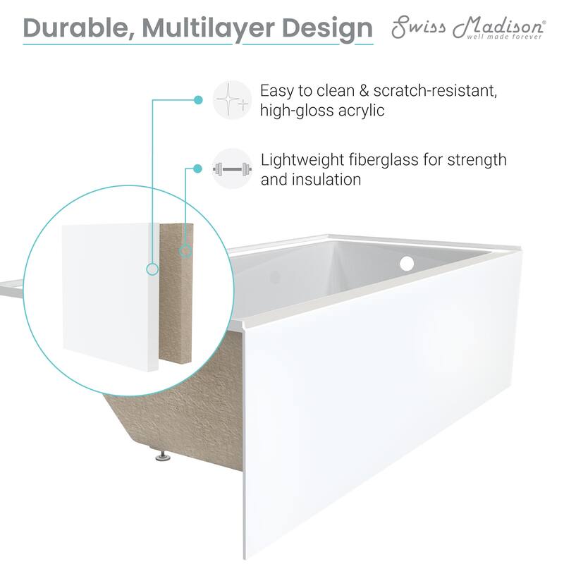 Swiss Madison Voltaire, Acrylic White, Alcove, Integral Armrest, Bathtub with Apron