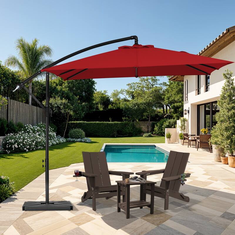 8ft×8ft Square Steel Crank-lift Cantilever Umbrella With Weighted Base - Red