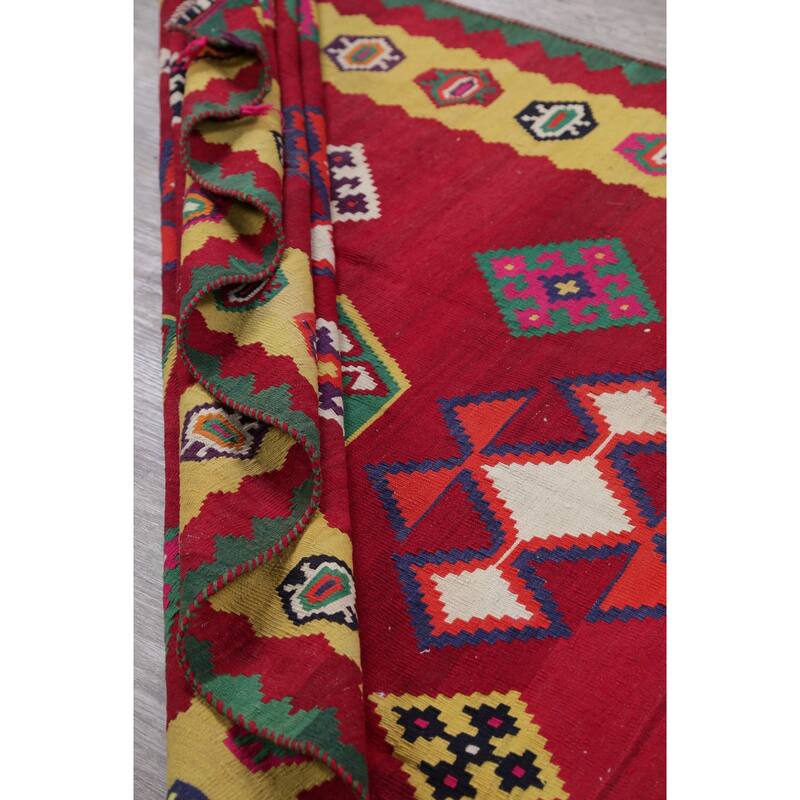 Hand Woven Oriental 100% Wool Carpet Southwestern Geometric Red Kilim Runner Rug - 8' 7'' X 4' 5''