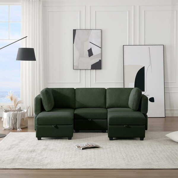 3 Seat Storage Recliner Sofa U shape Sectional Settee Set with Chaise Green Upholstered Modular Reversible Sectional Sofa On Sale Bed Bath Beyond 40731712